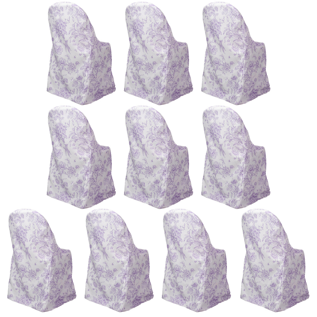 10 Pack Polyester Folding Chair Covers – White Lavender Lilac French Toile Pattern, Reusable