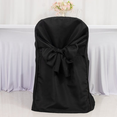 10-Pack Polyester Folding Chair Covers with Attached Sashes – Black Durable Reusable Slip-On Covers for Wedding & Event Decor