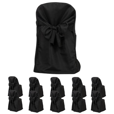 10-Pack Polyester Folding Chair Covers with Attached Sashes – Black Durable Reusable Slip-On Covers for Wedding & Event Decor