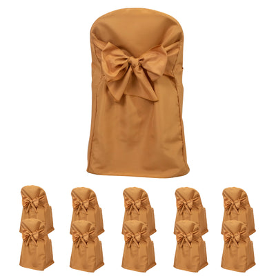 10-Pack Polyester Folding Chair Covers with Attached Sashes – Gold Durable Reusable Slip-On Covers for Wedding & Event Decor
