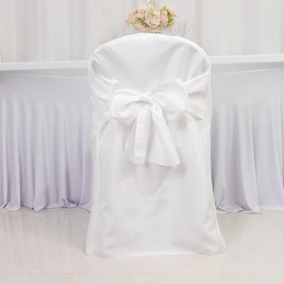 10-Pack Polyester Folding Chair Covers with Attached Sashes – White Durable Reusable Slip-On Covers for Wedding & Event Decor