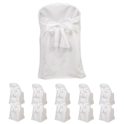 10-Pack Polyester Folding Chair Covers with Attached Sashes – White Durable Reusable Slip-On Covers for Wedding & Event Decor