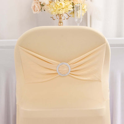 Stretch Spandex Folding Chair Cover Beige - Wrinkle Resistant Fitted Slipcover with Silver Rhinestone Buckled Sash Band Accent