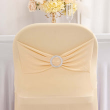 Beige Spandex Folding Slip On Chair Covers with Silver Rhinestone Buckled Sash Band