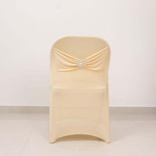 Beige Spandex Folding Slip On Chair Covers with Silver Rhinestone Buckled Sash Band