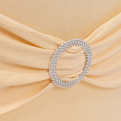 Stretch Spandex Folding Chair Cover Beige - Wrinkle Resistant Fitted Slipcover with Silver Rhinestone Buckled Sash Band Accent