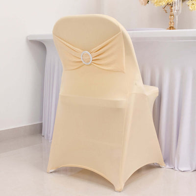 Stretch Spandex Folding Chair Cover Beige - Wrinkle Resistant Fitted Slipcover with Silver Rhinestone Buckled Sash Band Accent