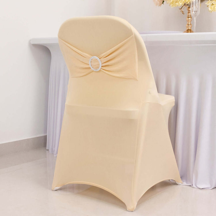 Beige Spandex Folding Slip On Chair Covers with Silver Rhinestone Buckled Sash Band