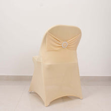 Beige Spandex Folding Slip On Chair Covers with Silver Rhinestone Buckled Sash Band