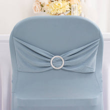 Dusty Blue Spandex Folding Slip On Chair Covers with Silver Rhinestone Buckled Sash Band