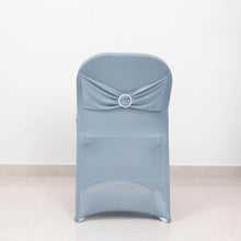 Dusty Blue Spandex Folding Slip On Chair Covers with Silver Rhinestone Buckled Sash Band