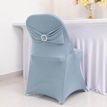 Dusty Blue Spandex Folding Slip On Chair Cover with Silver Rhinestone Buckled Sash Band, Stretch Fitted Chair Cover