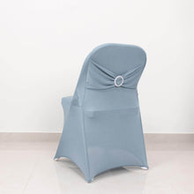 Dusty Blue Spandex Folding Slip On Chair Covers with Silver Rhinestone Buckled Sash Band