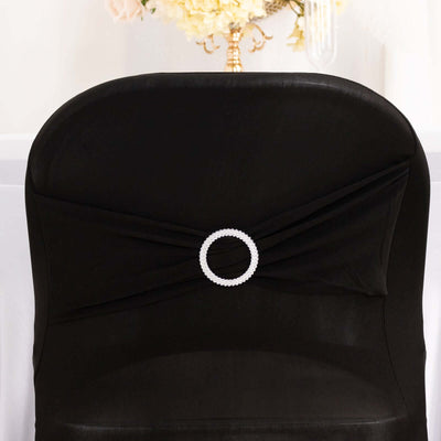 Stretch Spandex Folding Chair Cover Black - Stylish & Wrinkle Resistant Fitted Slipcover with Silver Rhinestone Buckled Sash Band Accent