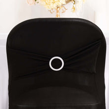 Black Spandex Folding Slip On Chair Covers with Silver Rhinestone Buckled Sash Band