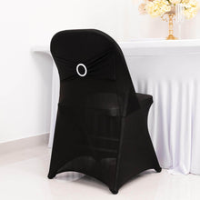 Black Spandex Folding Slip On Chair Covers with Silver Rhinestone Buckled Sash Band