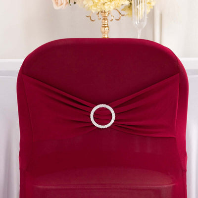 Stretch Spandex Folding Chair Cover Burgundy - Wrinkle Resistant Fitted Slipcover with Silver Rhinestone Buckled Sash Band Accent