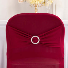 Burgundy Spandex Folding Slip On Chair Covers with Silver Rhinestone Buckled Sash Band