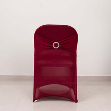 Burgundy Spandex Folding Slip On Chair Covers with Silver Rhinestone Buckled Sash Band