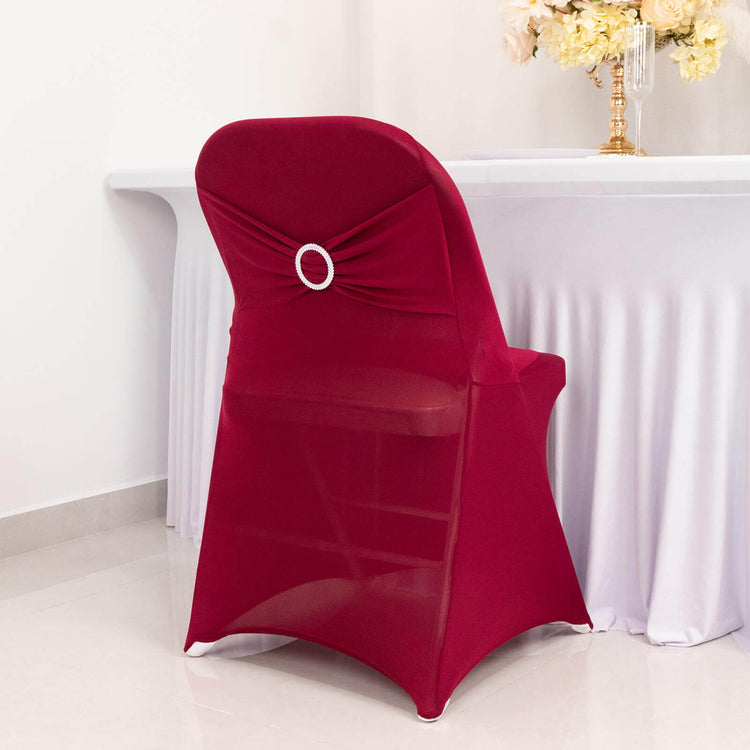 Burgundy Spandex Folding Slip On Chair Covers with Silver Rhinestone Buckled Sash Band