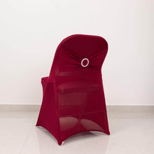 Burgundy Spandex Folding Slip On Chair Covers with Silver Rhinestone Buckled Sash Band