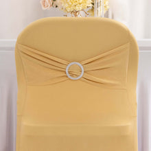 Champagne Spandex Folding Slip On Chair Covers with Silver Rhinestone Buckled Sash Band