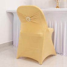 Champagne Spandex Folding Slip On Chair Covers with Silver Rhinestone Buckled Sash Band