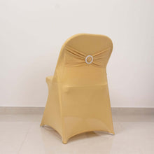 Champagne Spandex Folding Slip On Chair Covers with Silver Rhinestone Buckled Sash Band