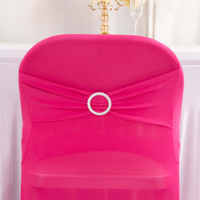 Stretch Spandex Folding Chair Cover Fuchsia - Wrinkle Resistant Fitted Slipcover with Silver Rhinestone Buckled Sash Band Accent