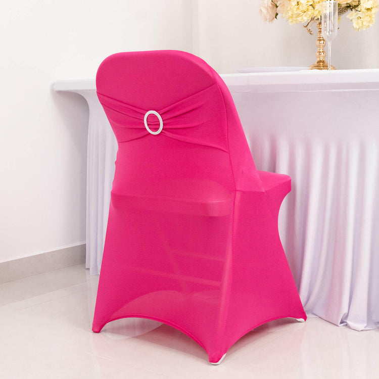 Fuchsia Spandex Folding Slip On Chair Covers with Silver Rhinestone Buckled Sash Band