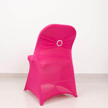 Fuchsia Spandex Folding Slip On Chair Covers with Silver Rhinestone Buckled Sash Band