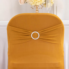 Gold Spandex Folding Slip On Chair Covers with Silver Rhinestone Buckled Sash Band