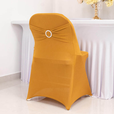 Stretch Spandex Folding Chair Cover Gold - Stylish & Wrinkle Resistant Fitted Slipcover with Silver Rhinestone Buckled Sash Band Accent