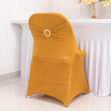 Gold Spandex Folding Slip On Chair Covers with Silver Rhinestone Buckled Sash Band