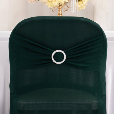 Stretch Spandex Folding Chair Cover Hunter Emerald Green - Wrinkle Resistant Fitted Slipcover with Silver Rhinestone Buckled Sash Band Accent
