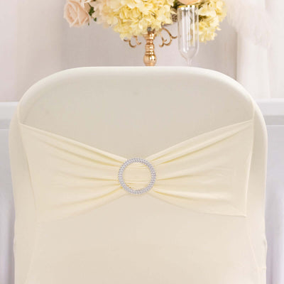 Stretch Spandex Folding Chair Cover Ivory - Wrinkle Resistant Fitted Slipcover with Silver Rhinestone Buckled Sash Band Accent