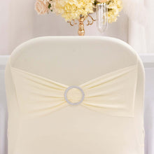 Ivory Spandex Folding Slip On Chair Covers with Silver Rhinestone Buckled Sash Band