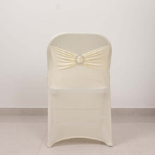 Ivory Spandex Folding Slip On Chair Covers with Silver Rhinestone Buckled Sash Band