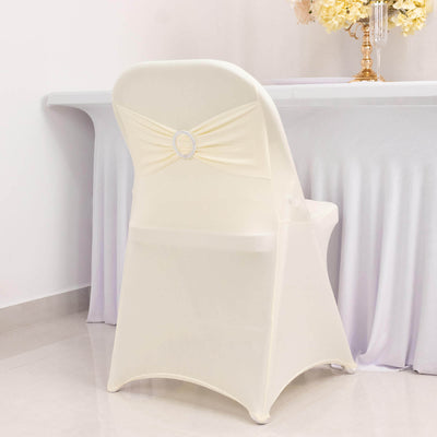 Stretch Spandex Folding Chair Cover Ivory - Wrinkle Resistant Fitted Slipcover with Silver Rhinestone Buckled Sash Band Accent