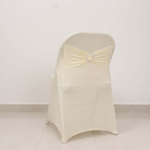 Ivory Spandex Folding Slip On Chair Covers with Silver Rhinestone Buckled Sash Band