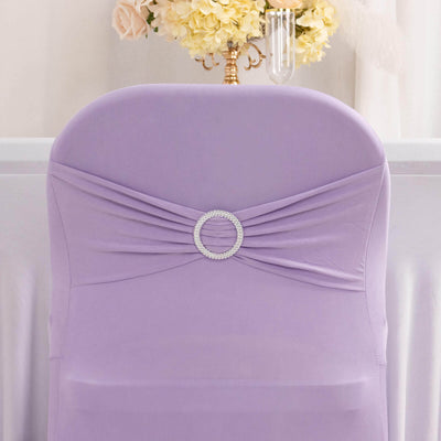 Stretch Spandex Folding Chair Cover Lavender Lilac - Wrinkle Resistant Fitted Slipcover with Silver Rhinestone Buckled Sash Band Accent