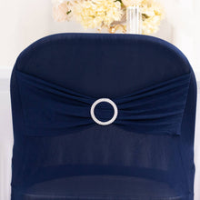 Navy Blue Spandex Folding Slip On Chair Covers with Silver Rhinestone Buckled Sash Band