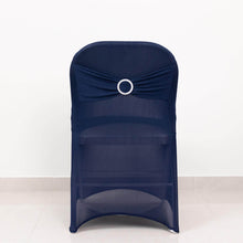 Navy Blue Spandex Folding Slip On Chair Covers with Silver Rhinestone Buckled Sash Band