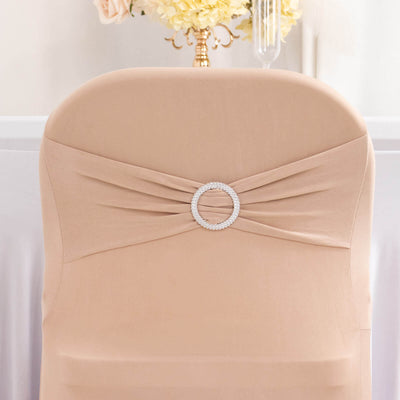 Stretch Spandex Folding Chair Cover Nude - Wrinkle Resistant Fitted Slipcover with Silver Rhinestone Buckled Sash Band Accent