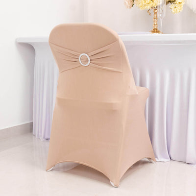 Stretch Spandex Folding Chair Cover Nude - Wrinkle Resistant Fitted Slipcover with Silver Rhinestone Buckled Sash Band Accent