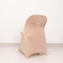 Nude Spandex Folding Slip On Chair Covers with Silver Rhinestone Buckled Sash Band