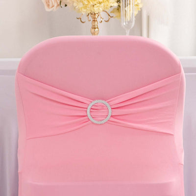 Stretch Spandex Folding Chair Cover Pink - Wrinkle Resistant Fitted Slipcover with Silver Rhinestone Buckled Sash Band Accent