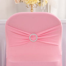 Pink Spandex Folding Slip On Chair Covers with Silver Rhinestone Buckled Sash Band