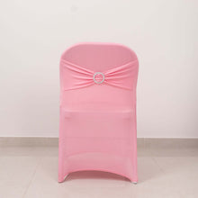 Pink Spandex Folding Slip On Chair Covers with Silver Rhinestone Buckled Sash Band