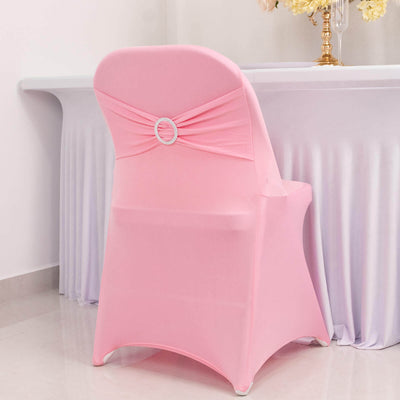 Stretch Spandex Folding Chair Cover Pink - Wrinkle Resistant Fitted Slipcover with Silver Rhinestone Buckled Sash Band Accent